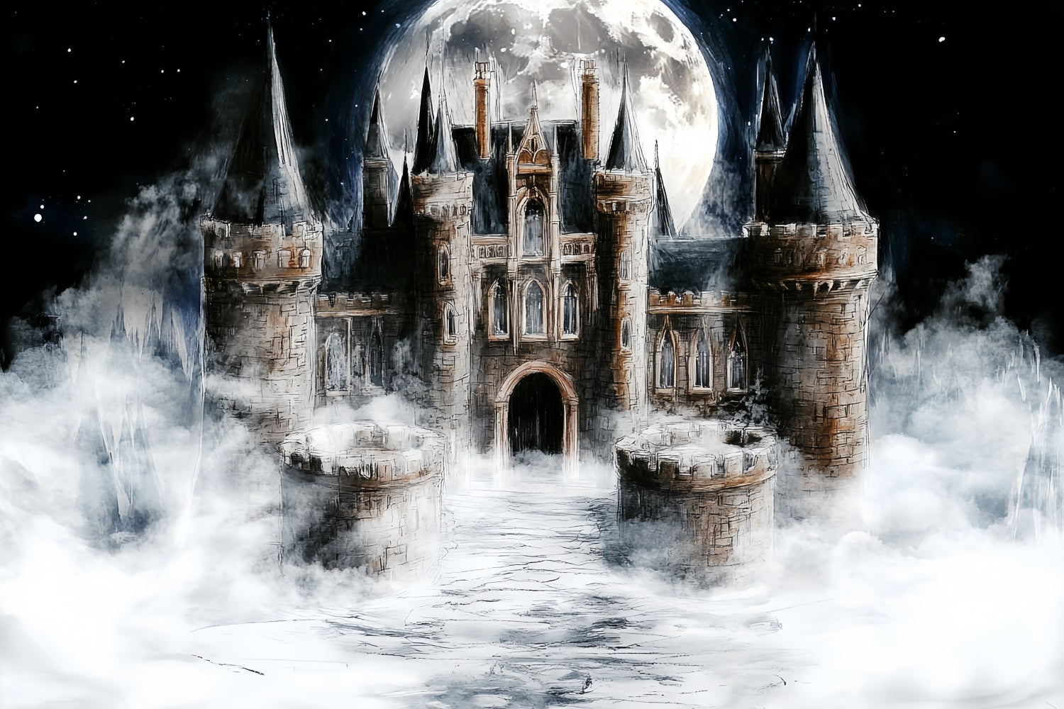 Castle Backdrops Moonlit Mist Castle Kids Backdrop CSH5-309