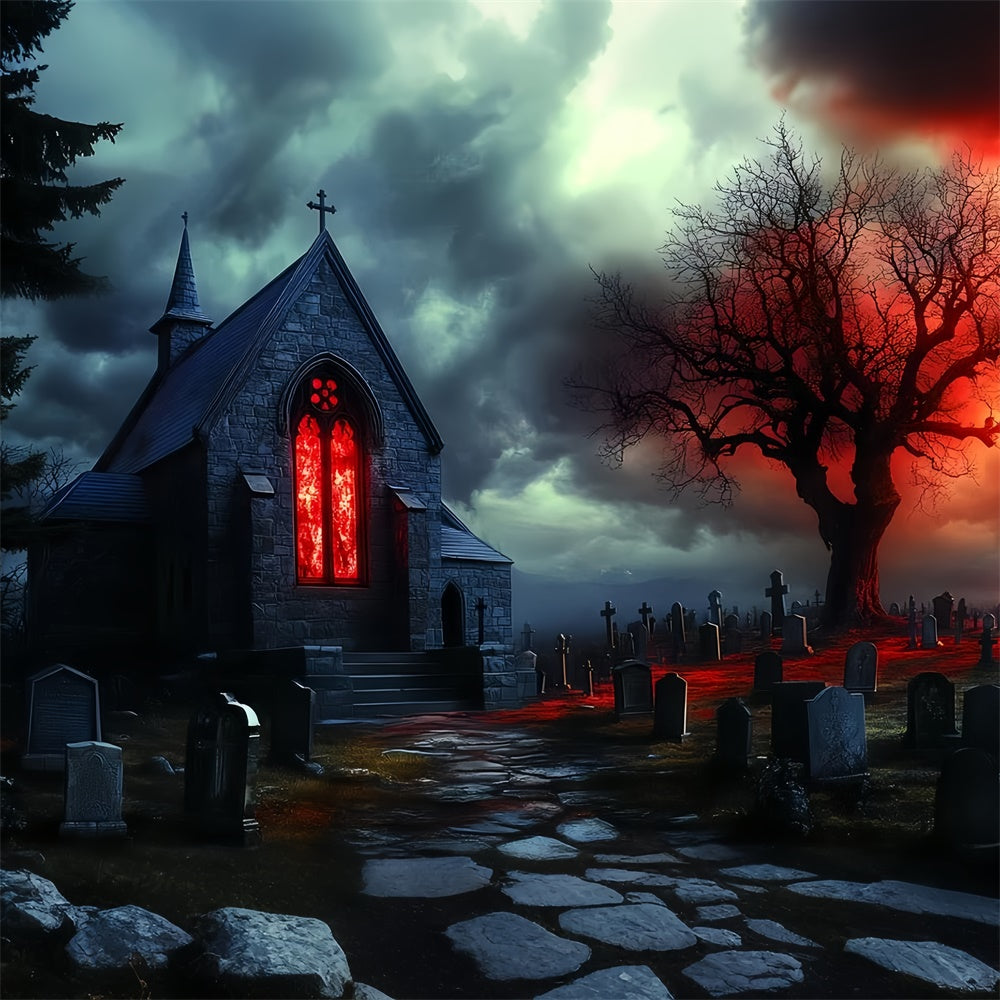 Halloween Graveyard Backdrop Cursed Chapel Tombs Backdrop CSH57-62