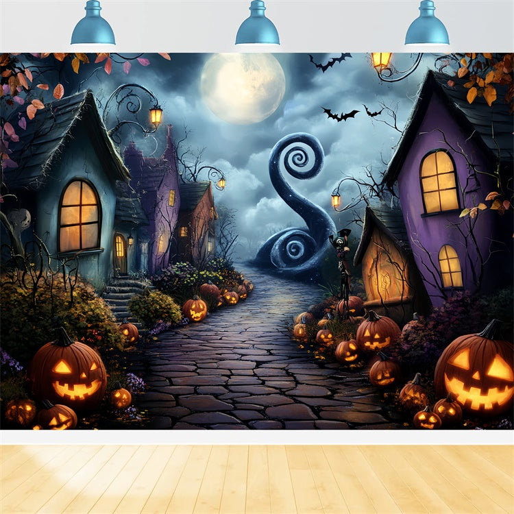 Haunted House Backdrop Curvy Moonlit Lane Backdrop CSH57-80