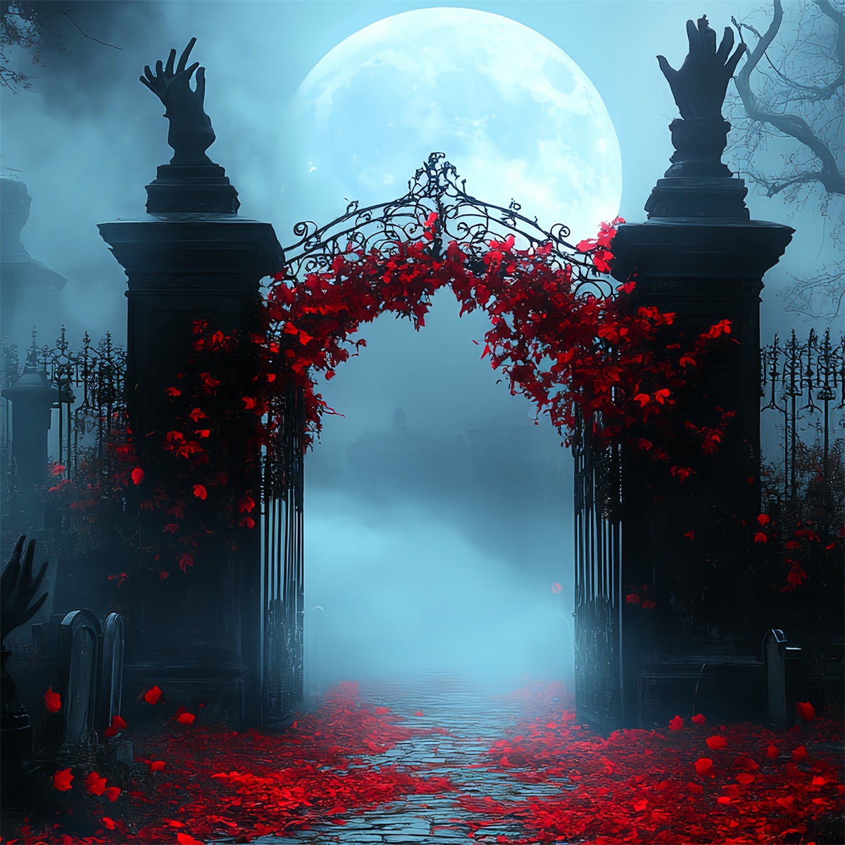 Graveyard Backdrop Crimson Ivy Moonlit Gate Halloween Photo Booth Backdrop CSH58-101
