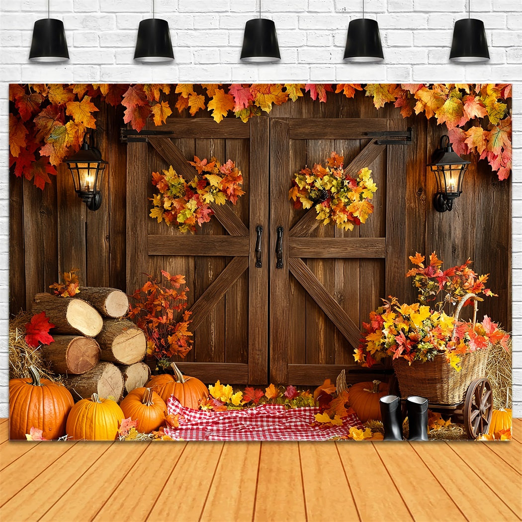 Rustic Backdrop Barn Door Autumn Leaves Thanksgiving Picture Backdrop CSH58-137