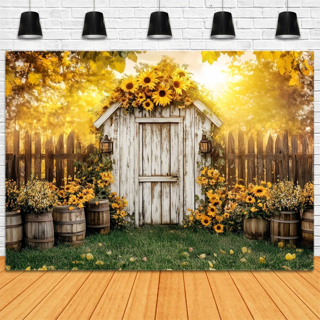 Rustic Backdrop Rustic Shed Sunflower Barrels Backdrop For Thanksgiving CSH58-141