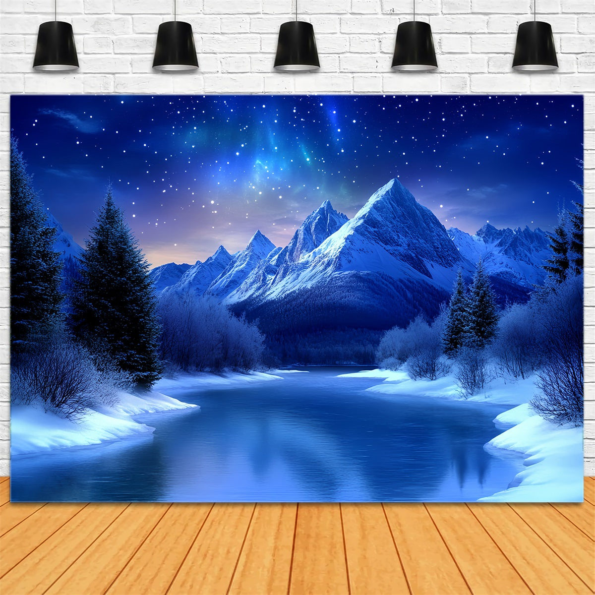 Winter Mountain Backdrop Starry Night Over Frozen River Mountains Winter Wonderland Backdrops CSH58-26
