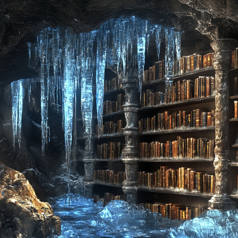 Frozen Backdrop Frozen Cavern Ancient Library with Icicles Winter Backdrop Photography CSH58-32