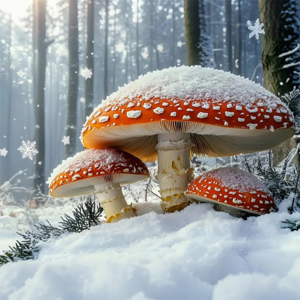Nature Backdrop Winter Fairytale Snowfall Giant Red Mushroom Winter Photo Backdrops CSH58-43