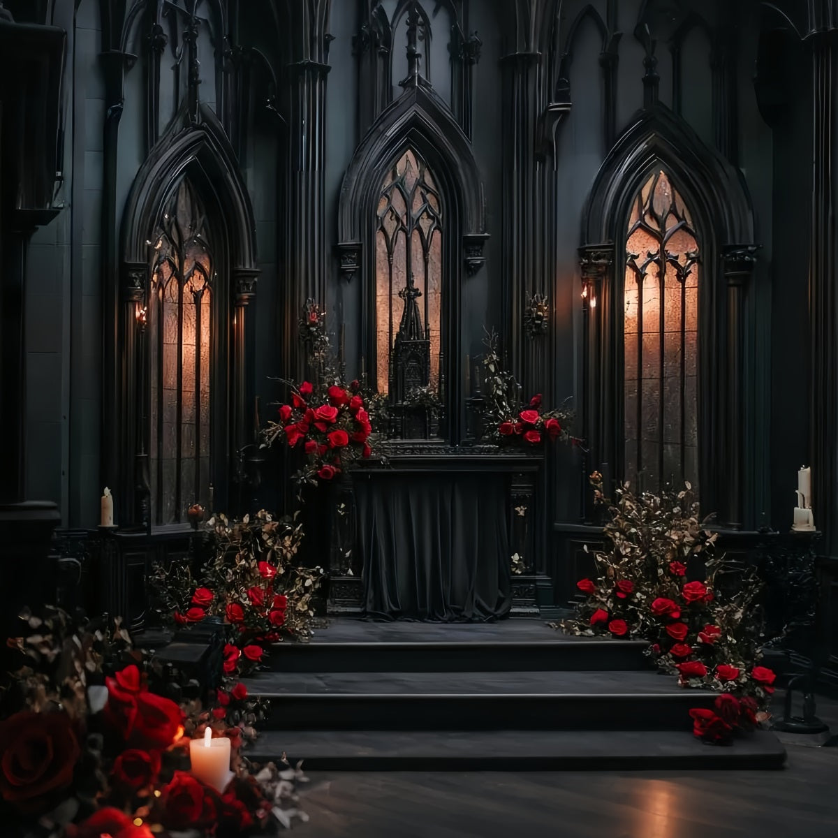 Gothic Backdrop Black Gothic Altar Roses Halloween Photo Backdrop Ideas CSH58-49
