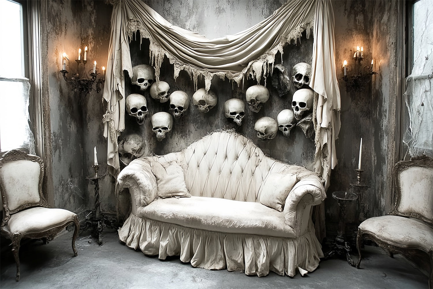 Spooky Backdrop Victorian Sofa Skull Wall Halloween Photography Backdrops CSH58-57