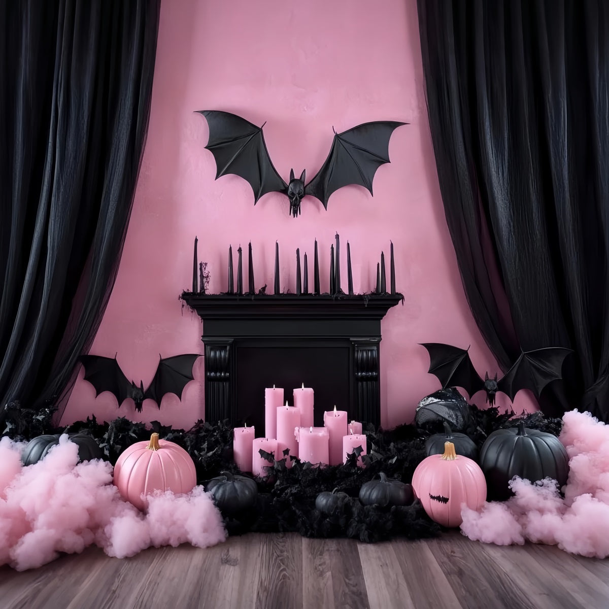 Fireplace Backdrop Pink Gothic Bat Mantel Halloween Backdrops CSH58-61