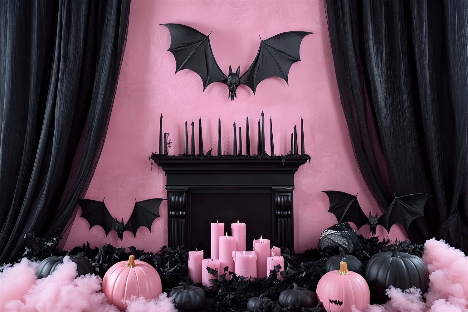 Fireplace Backdrop Pink Gothic Bat Mantel Halloween Backdrops CSH58-61
