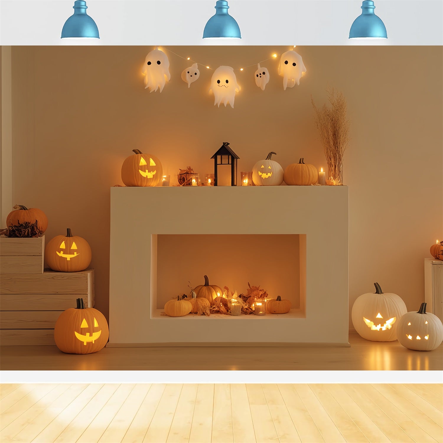 Fireplace Backdrop Smiling Pumpkin Ghost Mantel Halloween Photo Backdrop CSH58-63