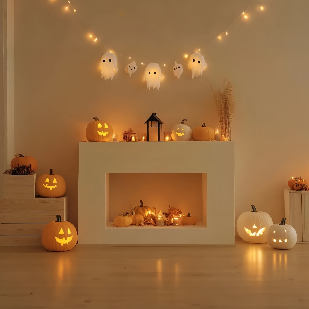 Fireplace Backdrop Smiling Pumpkin Ghost Mantel Halloween Photo Backdrop CSH58-63