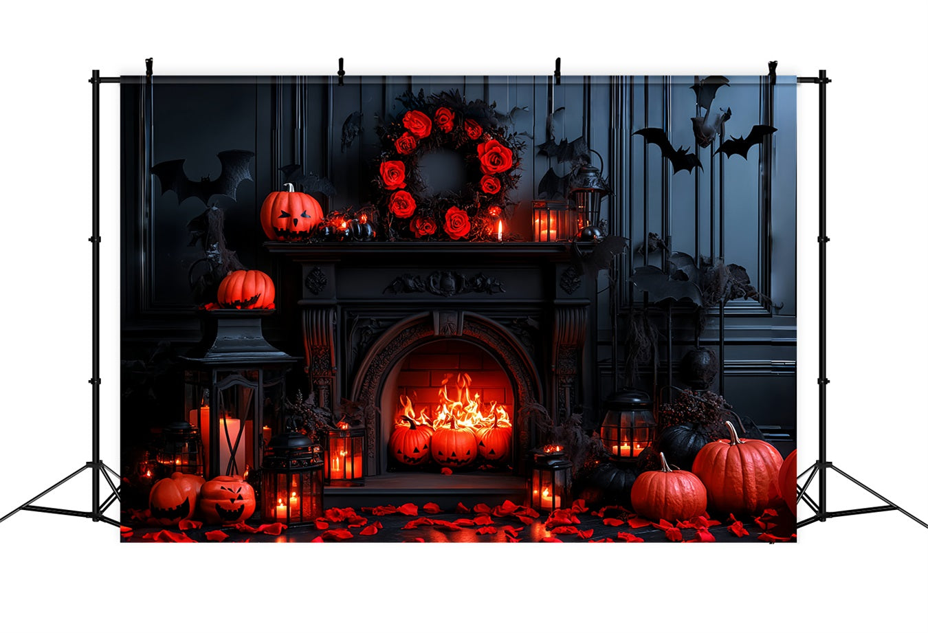 Fireplace Backdrop Gothic Bat Pumpkin Fireplace Halloween Photo Backdrop CSH58-65