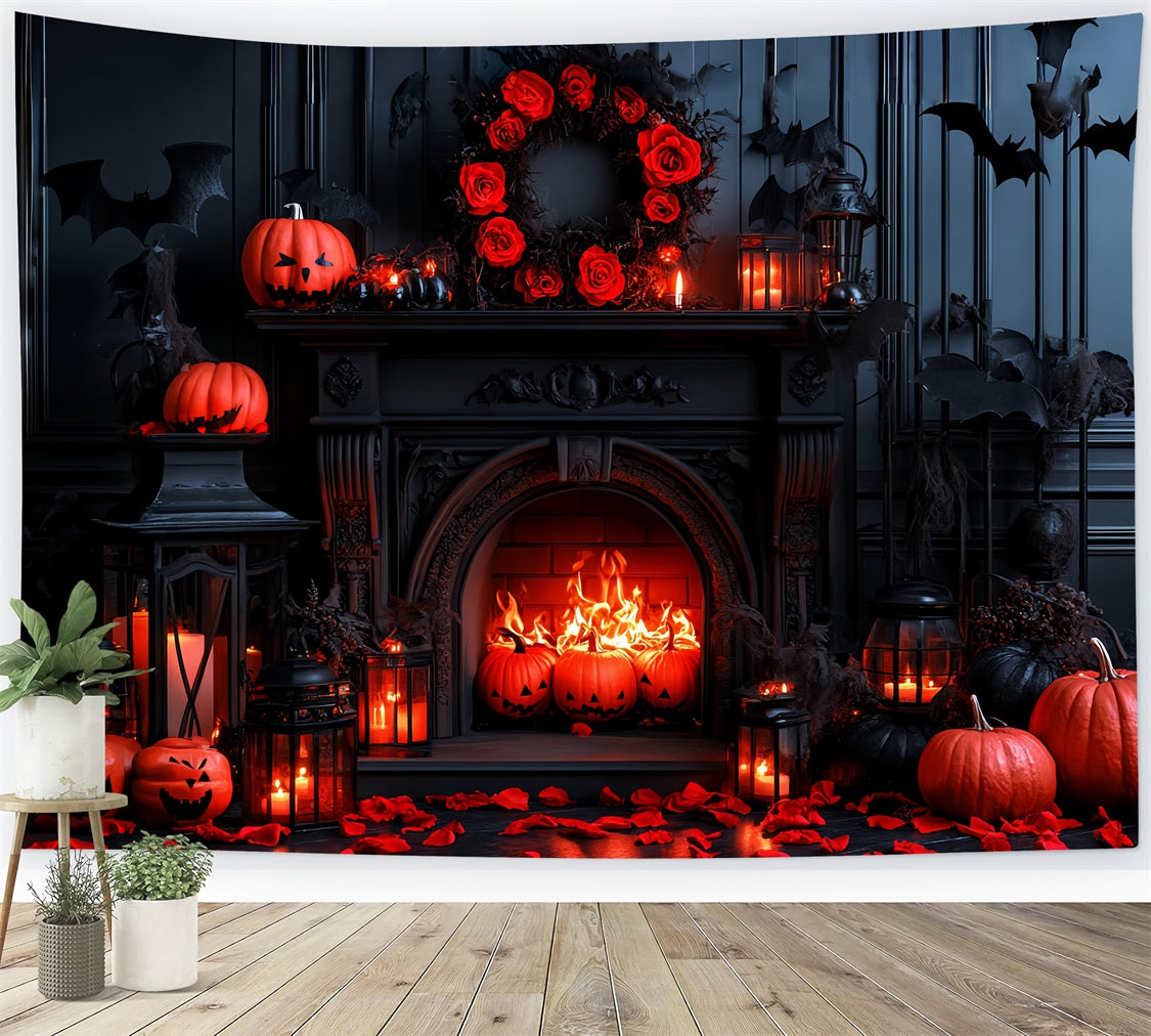 Fireplace Backdrop Gothic Bat Pumpkin Fireplace Halloween Photo Backdrop CSH58-65