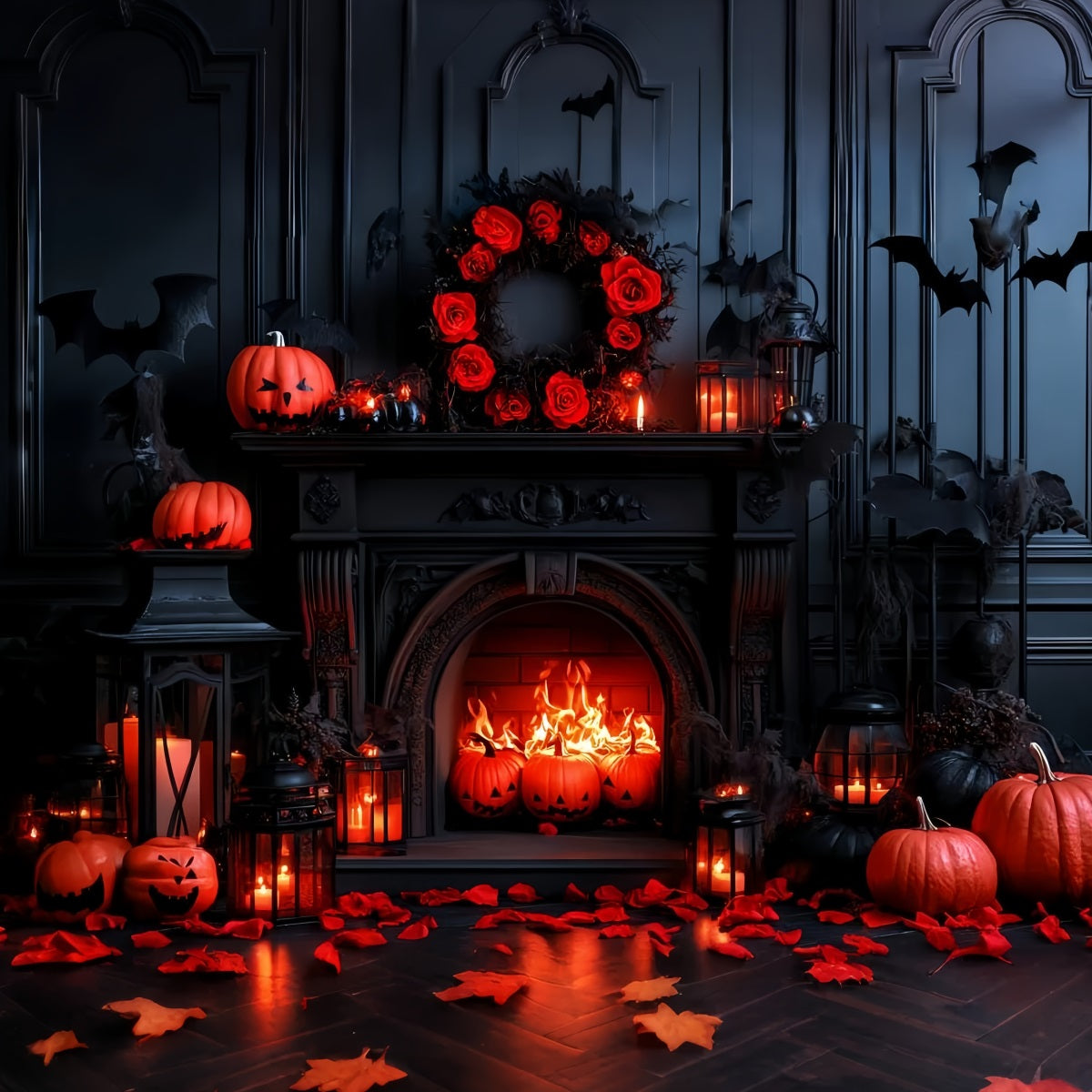 Fireplace Backdrop Gothic Bat Pumpkin Fireplace Halloween Photo Backdrop CSH58-65