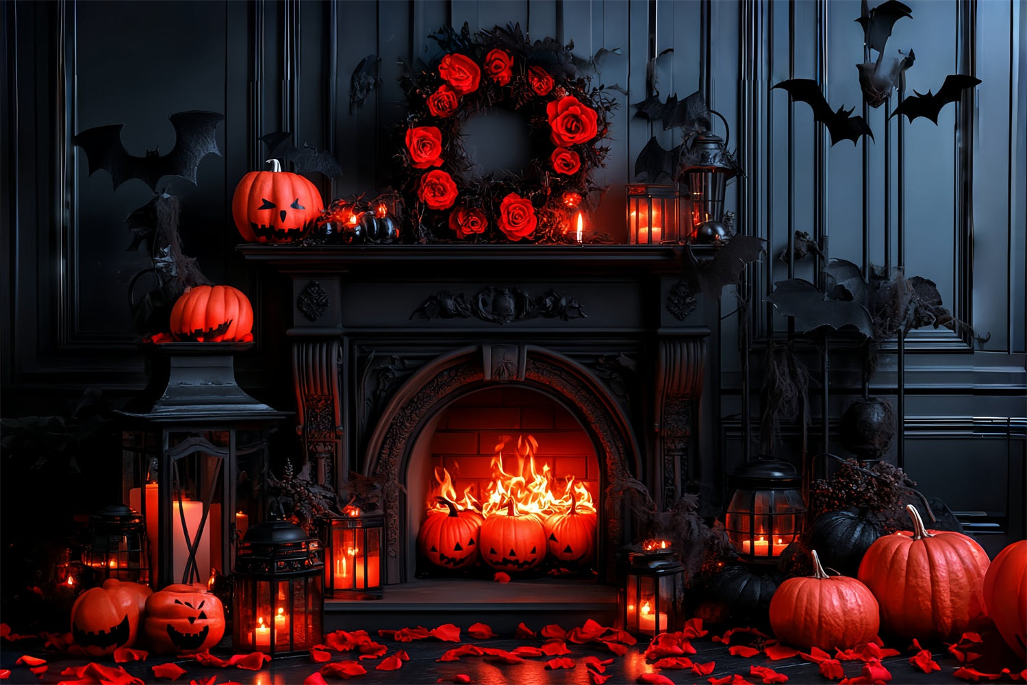 Fireplace Backdrop Gothic Bat Pumpkin Fireplace Halloween Photo Backdrop CSH58-65