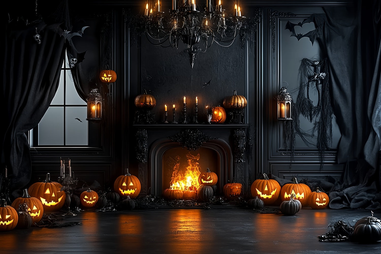 Fireplace Backdrop Pumpkin Fireplace Gothic Room Halloween Backdrop CSH58-66