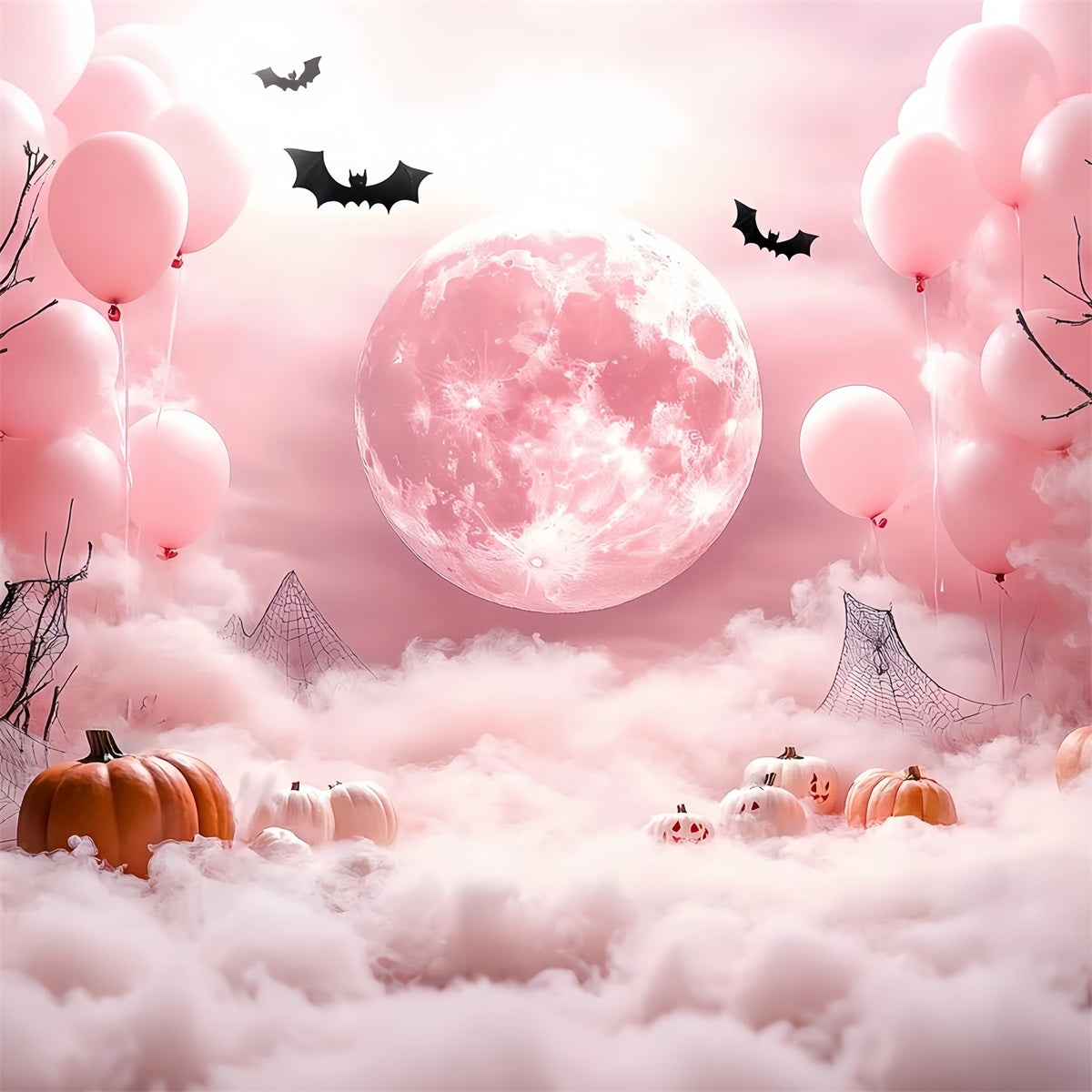 Moon Backdrop Foggy Pink Moonlight Pumpkins Halloween Backdrop CSH58-68