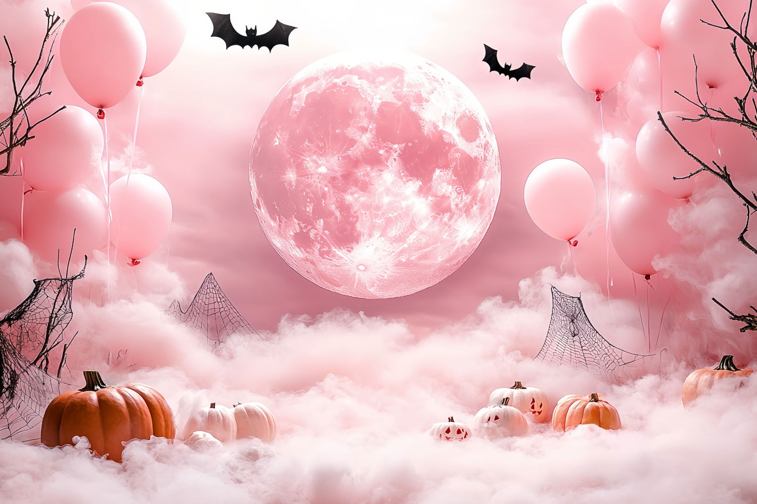 Moon Backdrop Foggy Pink Moonlight Pumpkins Halloween Backdrop CSH58-68