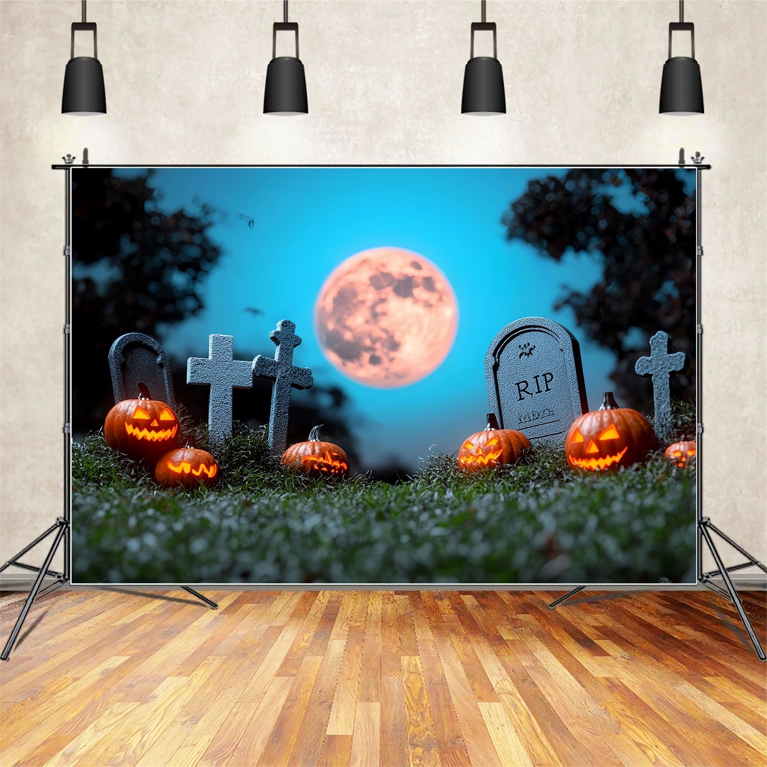 Moon Backdrop Cemetery Pumpkins Full Moon Halloween Photo Backdrop CSH58-69