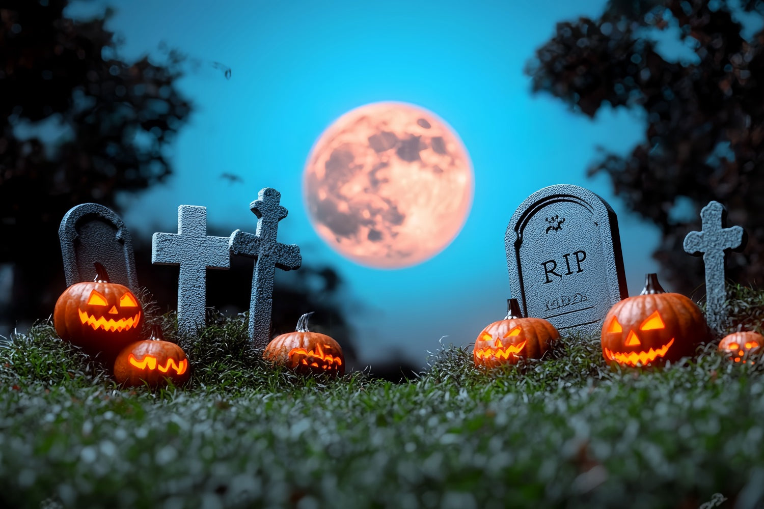 Moon Backdrop Cemetery Pumpkins Full Moon Halloween Photo Backdrop CSH58-69