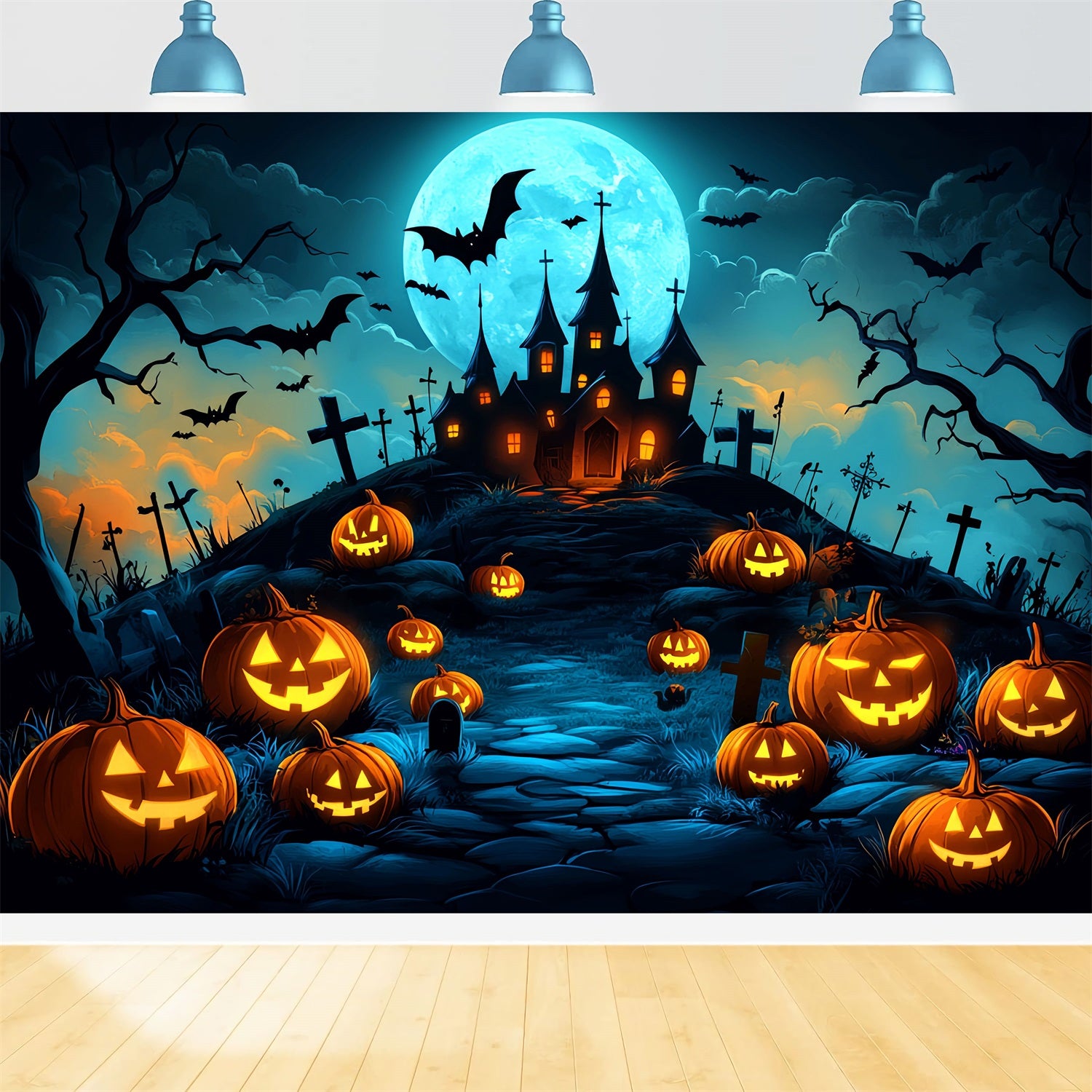 Moon Backdrop Pumpkin Hill Haunted Castle Halloween Backdrop Ideas CSH58-70