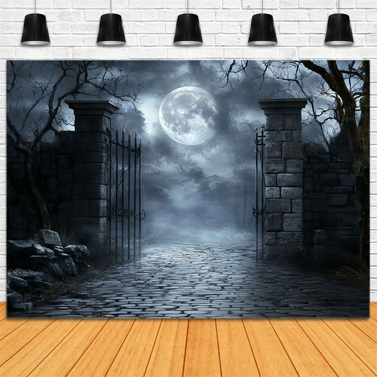 Moon Backdrop Moonlit Cemetery Iron Gate Halloween Photo Booth Backdrop CSH58-71