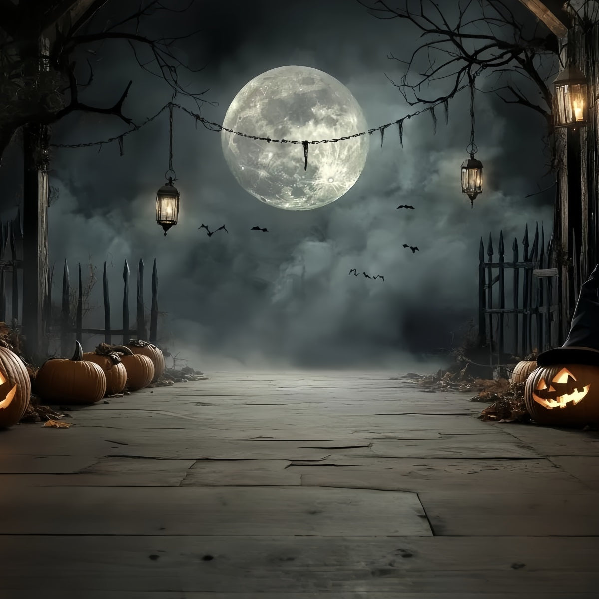 Moon Backdrop Pumpkin Lantern Moonlit Path Halloween Backdrop Ideas CSH58-72