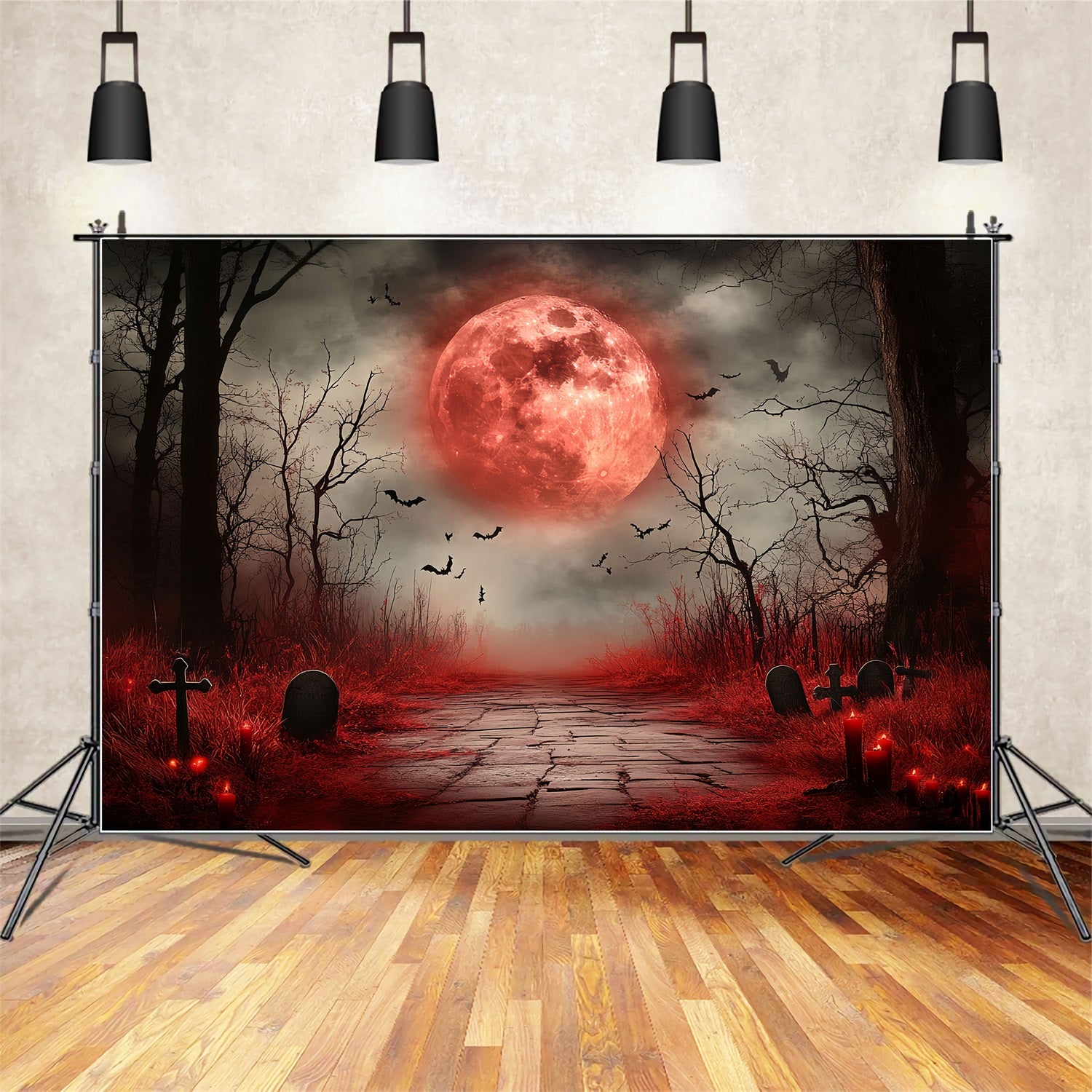 Moon Backdrop Blood Moon Haunted Graveyard Halloween Backdrop CSH58-73