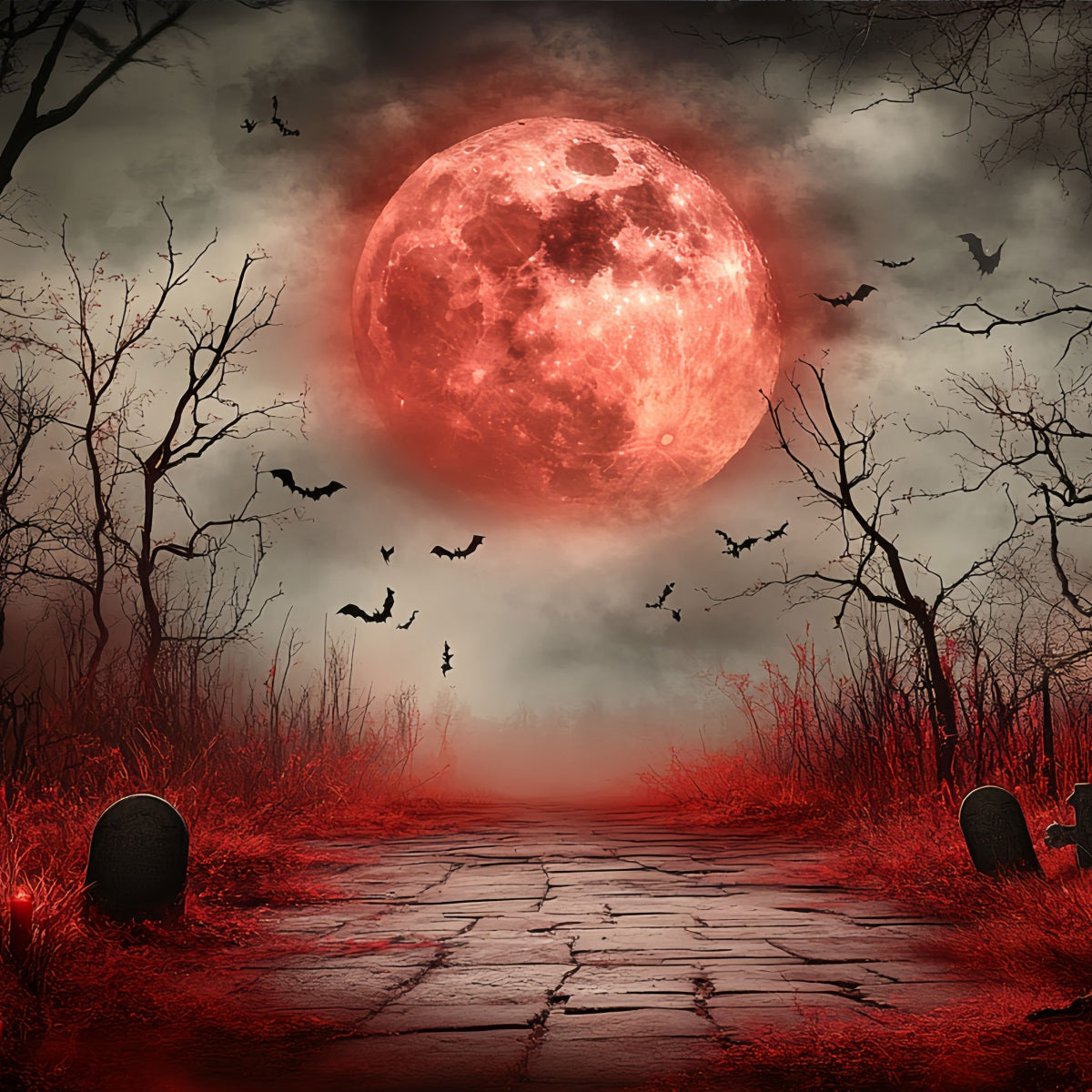 Moon Backdrop Blood Moon Haunted Graveyard Halloween Backdrop CSH58-73