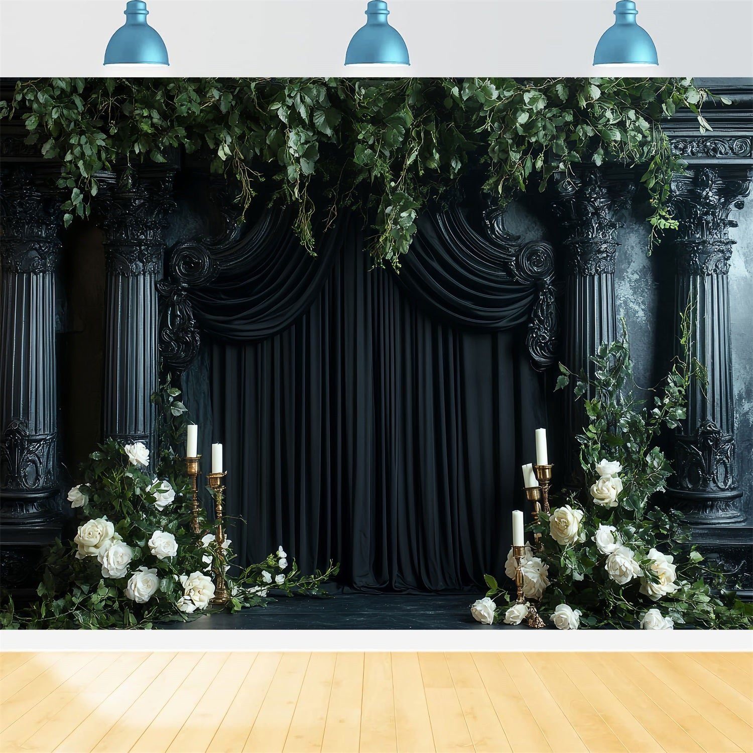 Dark Backdrop Black Pillar Roses Candles Halloween Backdrop for Photos CSH58-77