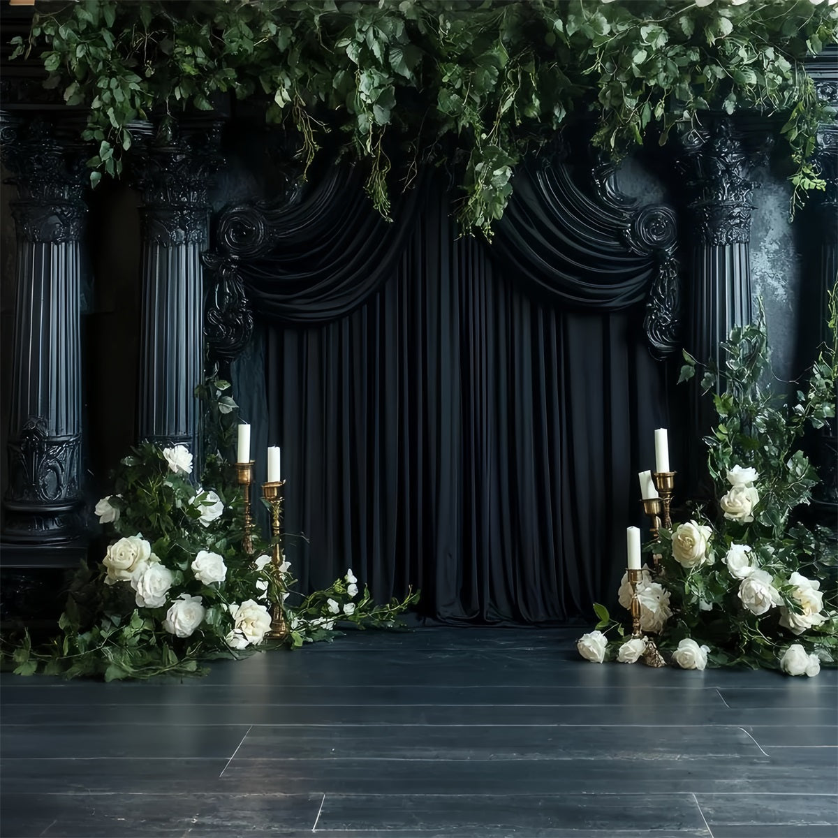 Dark Backdrop Black Pillar Roses Candles Halloween Backdrop for Photos CSH58-77