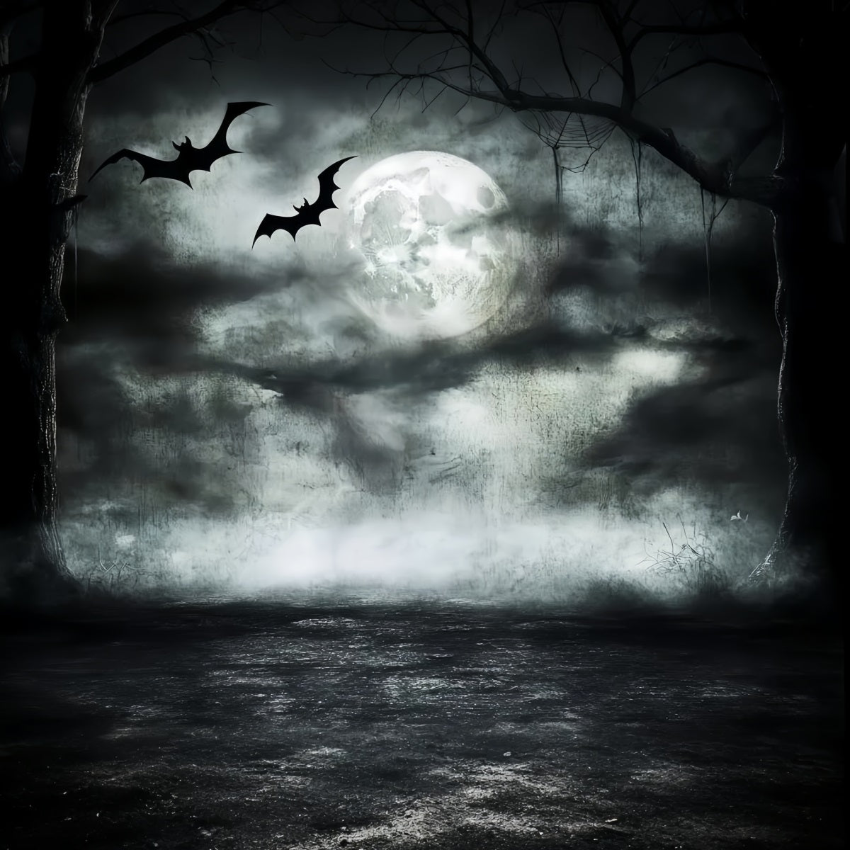 Night Sky Backdrop Moonlit Bats Haunted Forest Halloween Photo Backdrop CSH58-85