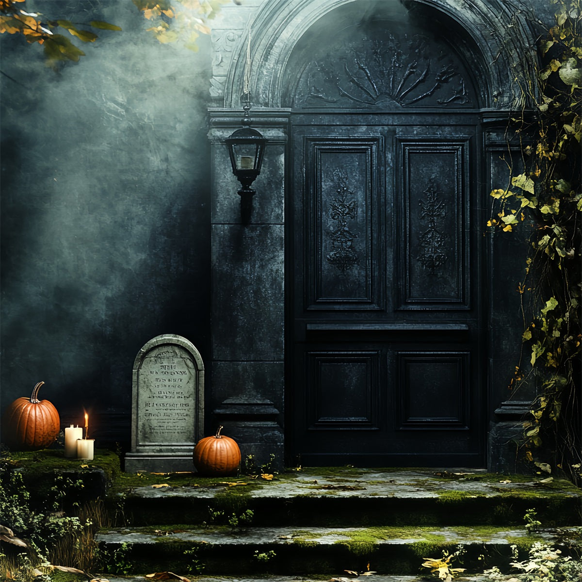 Cemetery Backdrop Haunted Door Pumpkins Moss Gravestone Halloween Backdrop CSH58-88