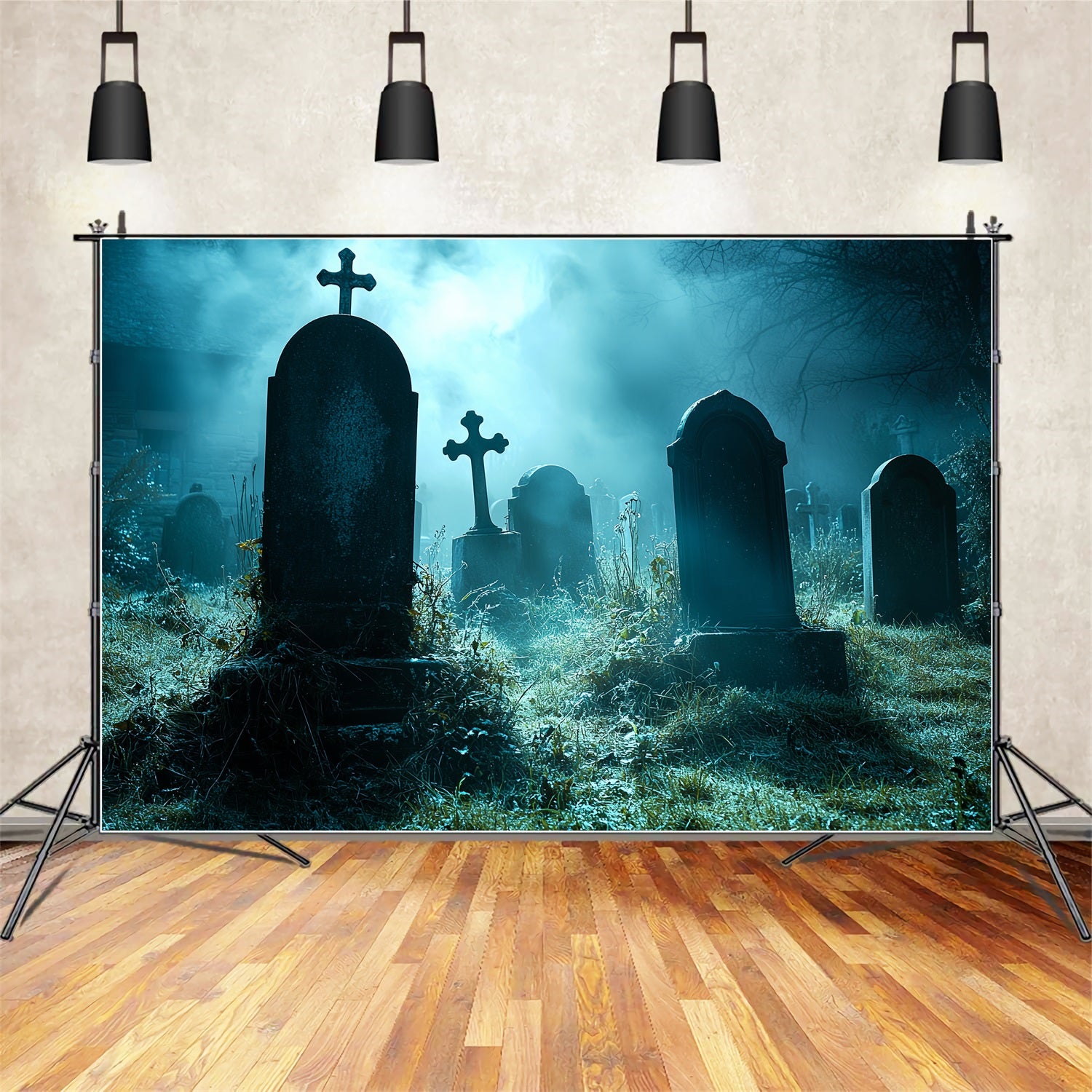 Cemetery Backdrop Foggy Midnight Graveyard Crosses Halloween Backdrop CSH58-94
