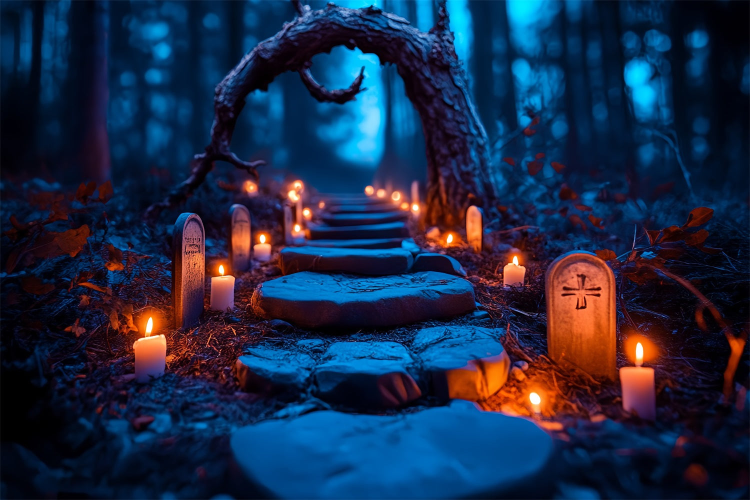 Graveyard Backdrop Candlelit Tombstone Forest Trail Halloween Photo Backdrop CSH58-96