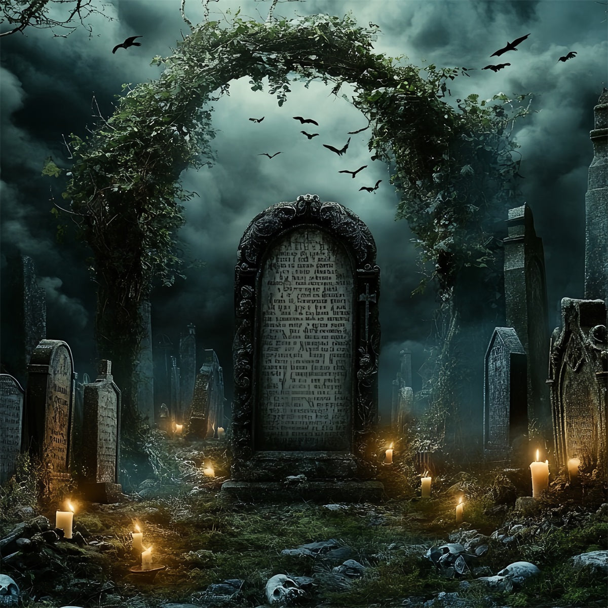 Graveyard Backdrop Ivy Arch Tombstones Halloween Backdrop Ideas CSH58-98