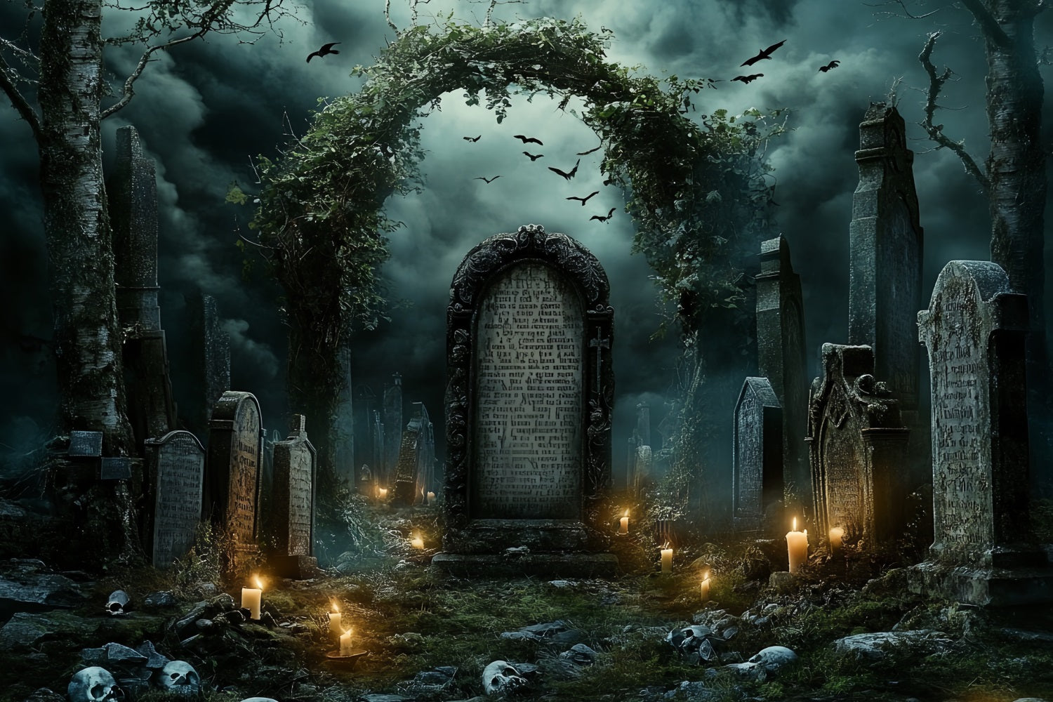 Graveyard Backdrop Ivy Arch Tombstones Halloween Backdrop Ideas CSH58-98