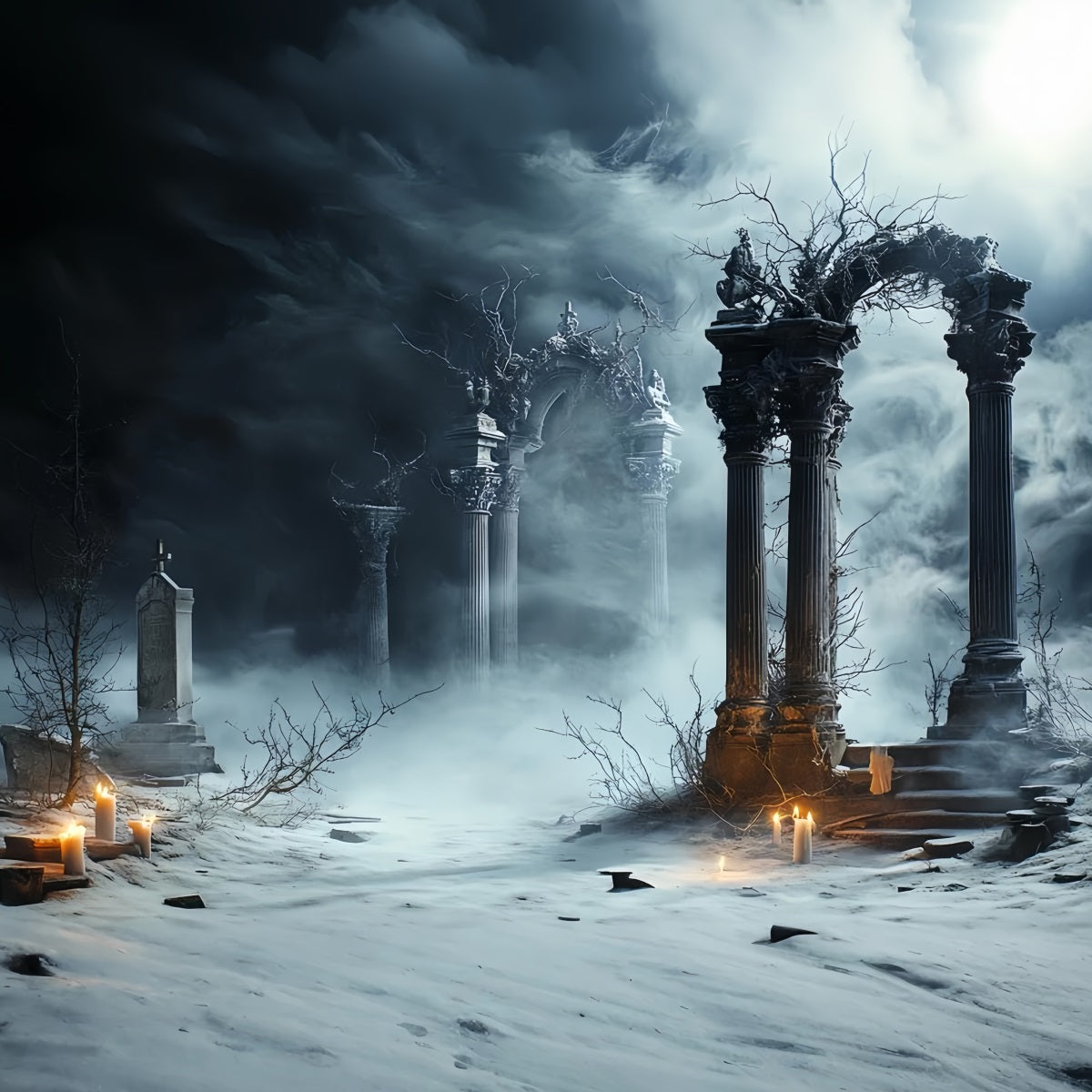 Graveyard Backdrop Candlelit Gothic Ruins Halloween Backdrops for Photos CSH58-99