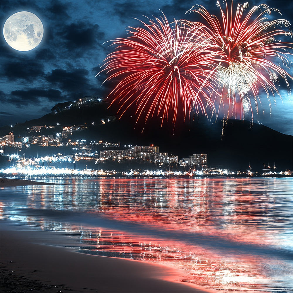 4th of July Firework Backdrop Moonlit Beach Fireworks Backdrop CSH6-10