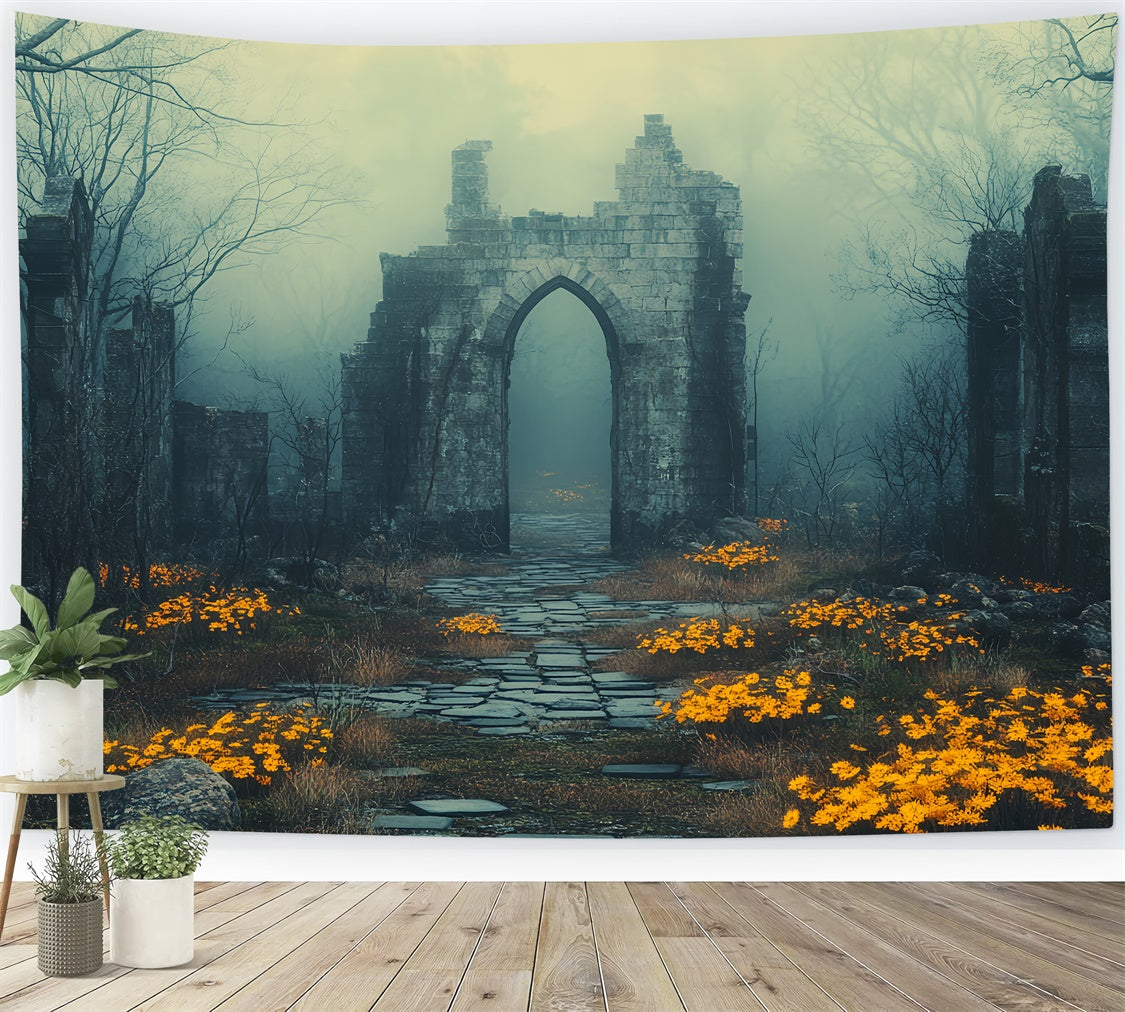 Halloween Photography Backdrop Foggy Ruins Flowers Backdrop CSH6-103