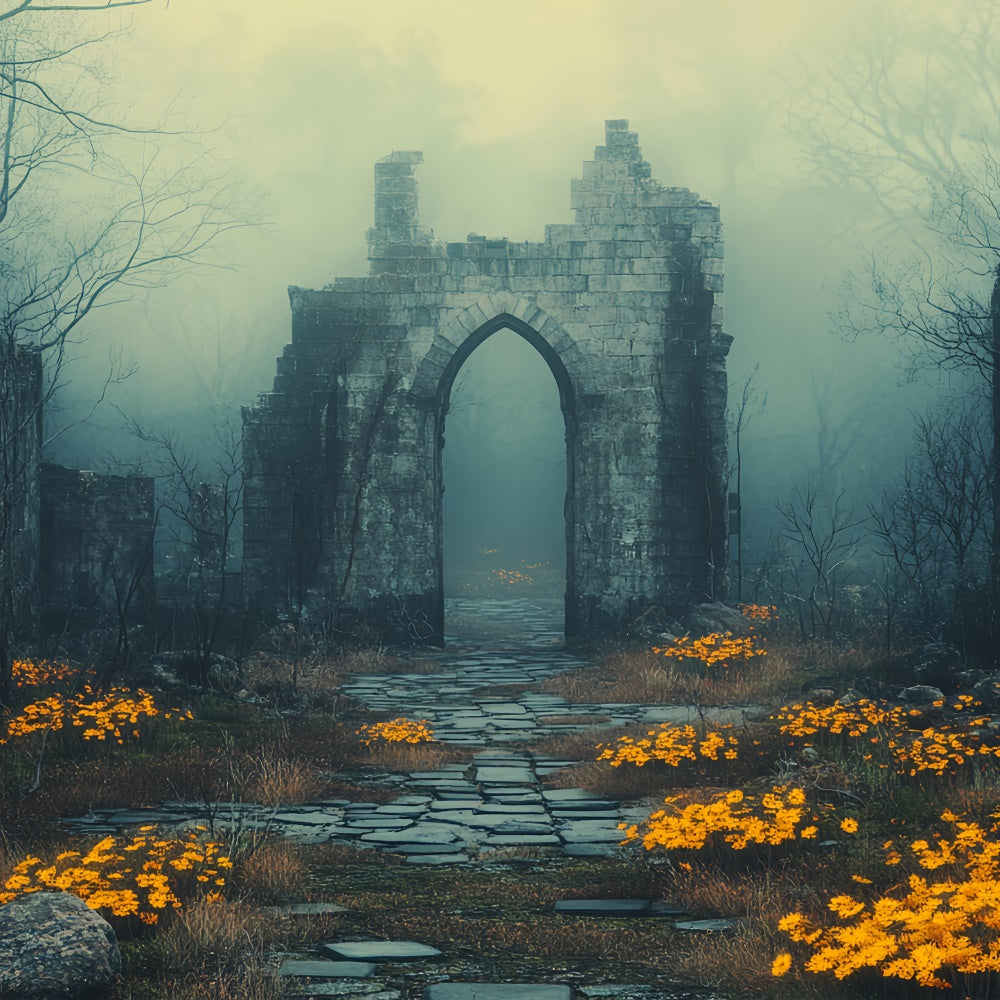 Halloween Photography Backdrop Foggy Ruins Flowers Backdrop CSH6-103