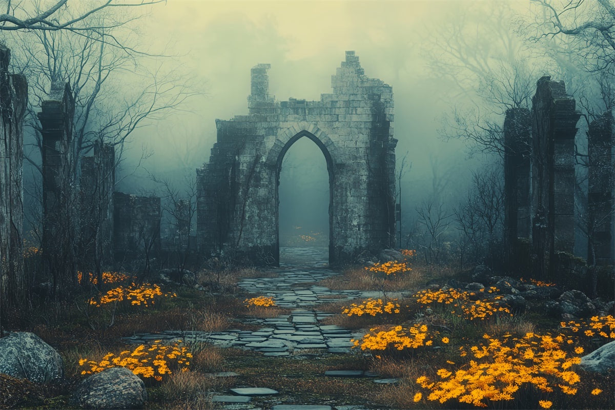 Halloween Photography Backdrop Foggy Ruins Flowers Backdrop CSH6-103