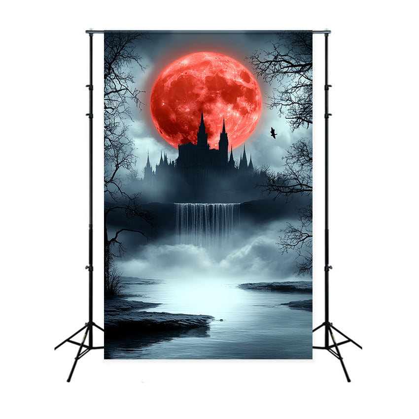 Eerie Crimson Moonlight Castle Halloween Moon Backdrop CSH6-111