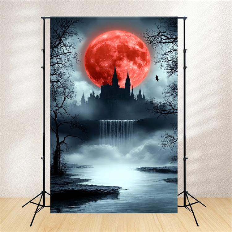 Eerie Crimson Moonlight Castle Halloween Moon Backdrop CSH6-111