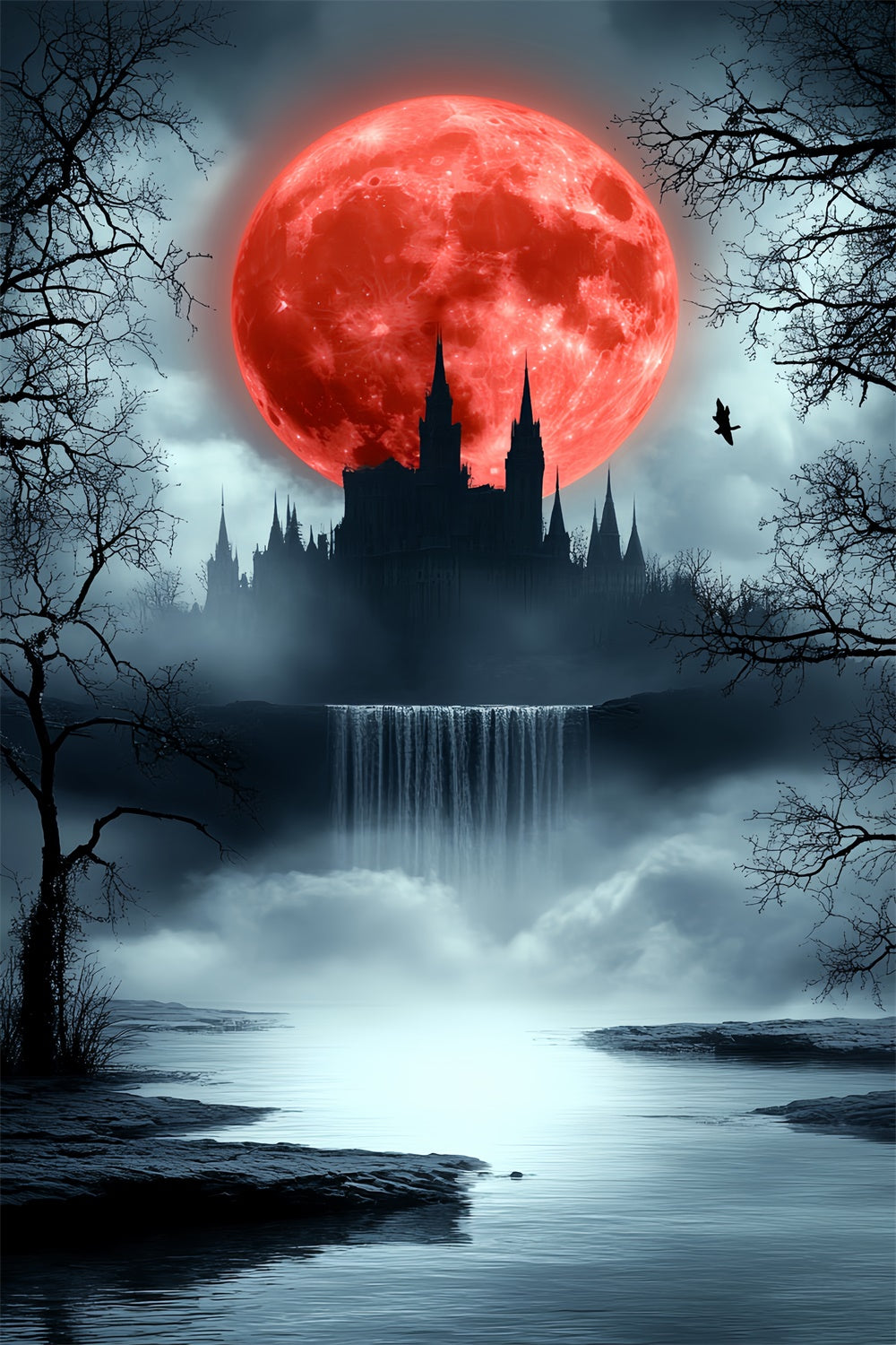 Eerie Crimson Moonlight Castle Halloween Moon Backdrop CSH6-111