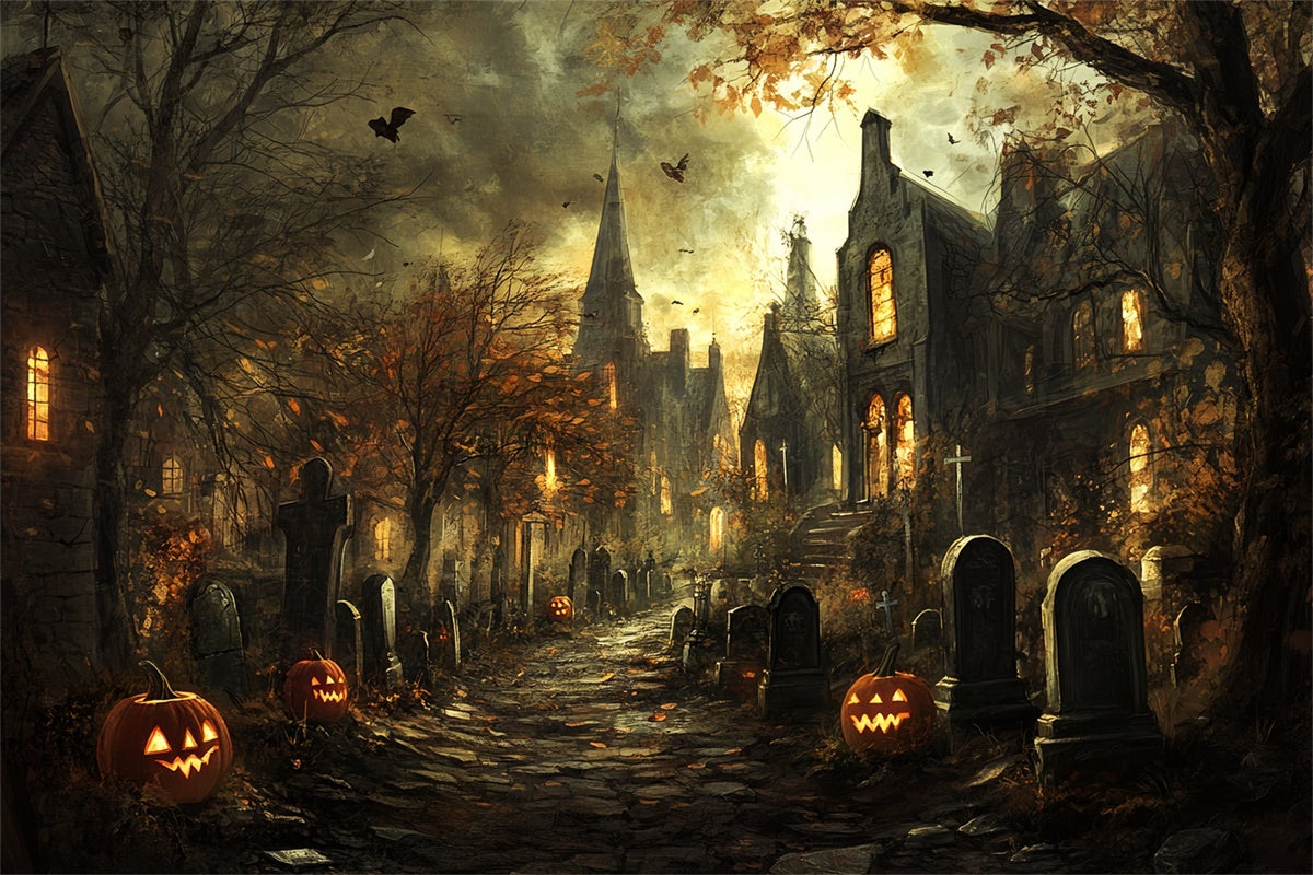 Halloween Graveyard Backdrop Spooky Cemetery Trail Backdrop CSH6-98