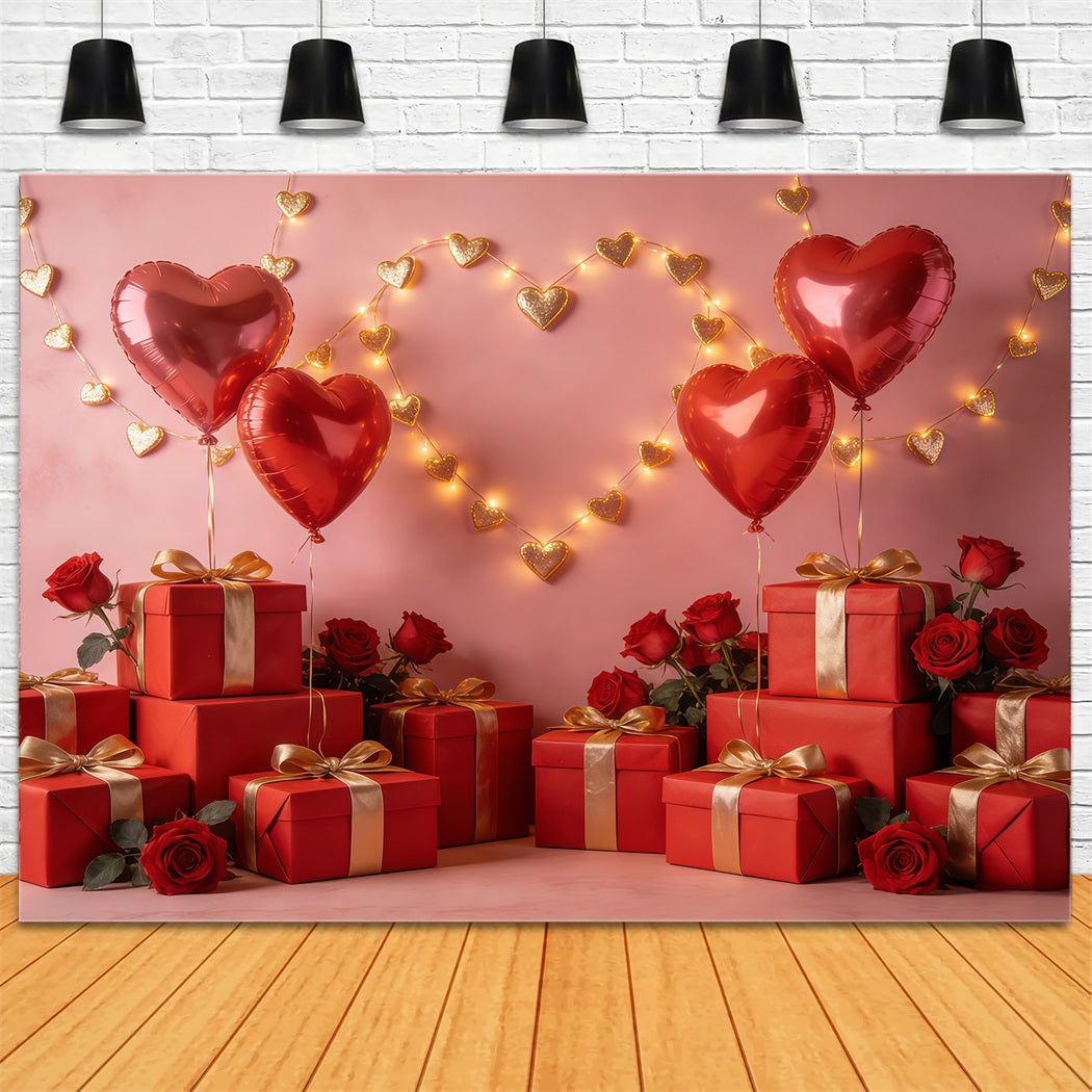 Gift Box Valentine Backdrop Floating Heart Balloons Arrangement Romantic Backdrops CSH61-101