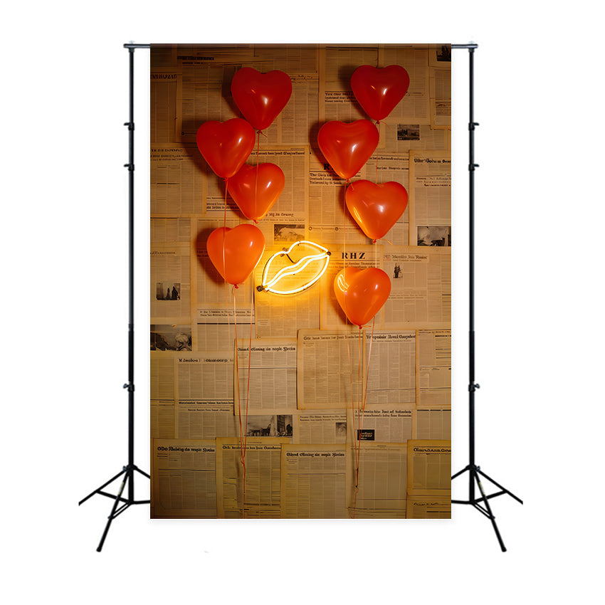 Newspaper Valentine's Day Backdrop Heart Balloons Neon Lips Valentine's Day Backdrop Ideas CSH61-109