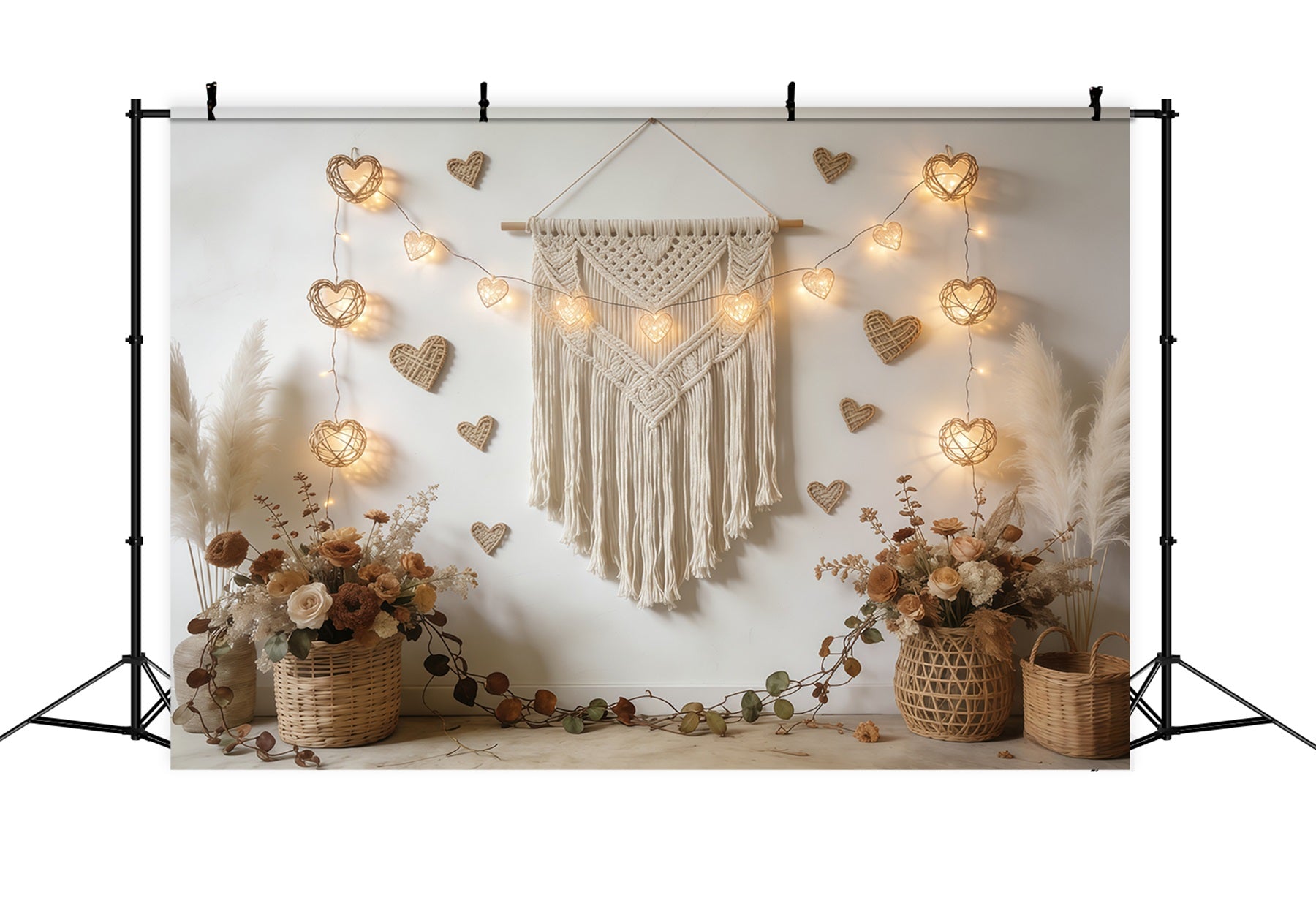 Boho Floral Valentine's Day Backdrop Macrame Heart Garland Valentine Backdrop For Pictures CSH61-118