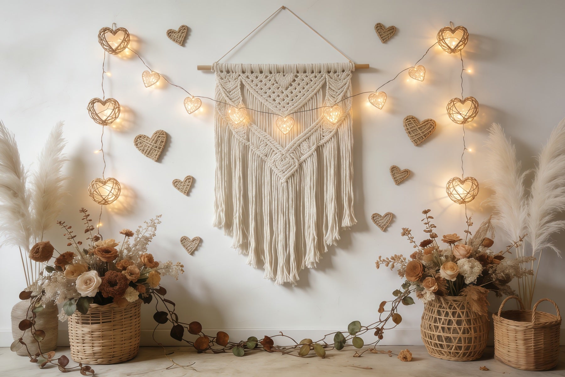 Boho Floral Valentine's Day Backdrop Macrame Heart Garland Valentine Backdrop For Pictures CSH61-118